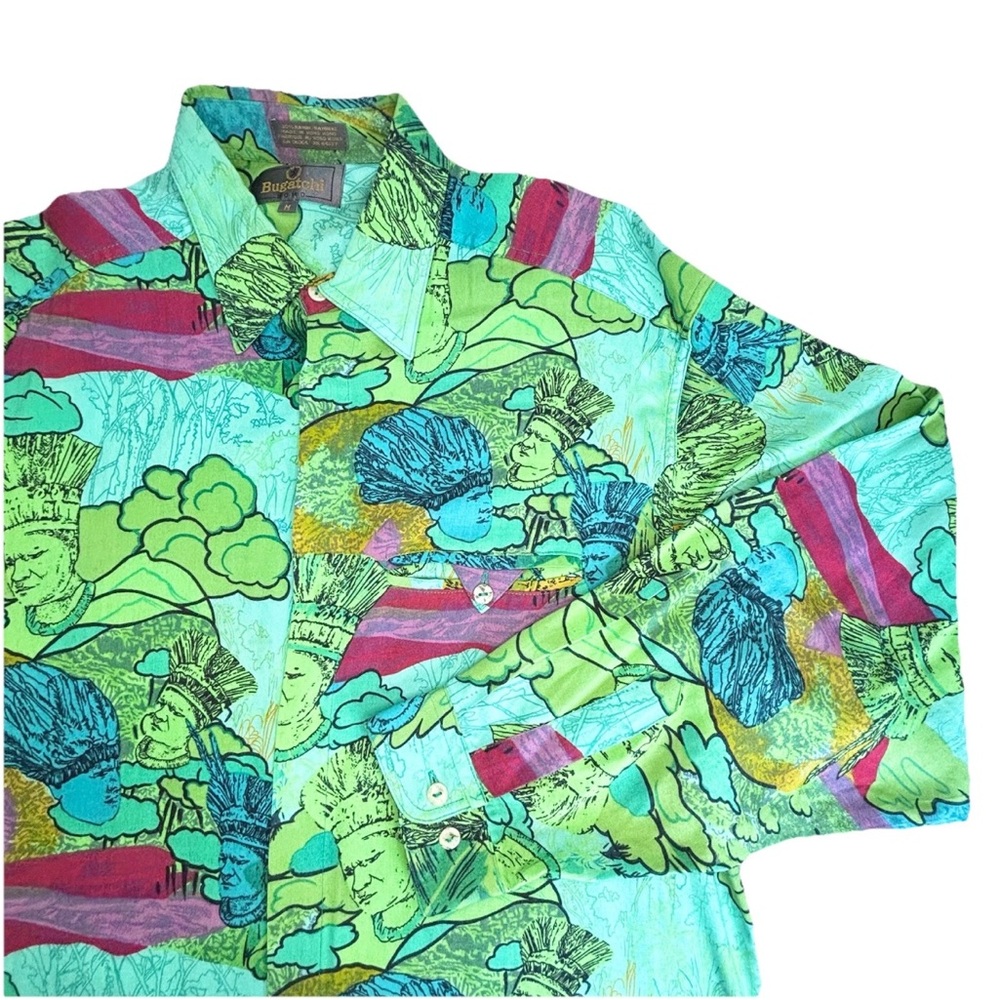 Vintage Bugatchi Uomo Button Up Shirt Men’s Medium Green‎ Mayan Aztec Print